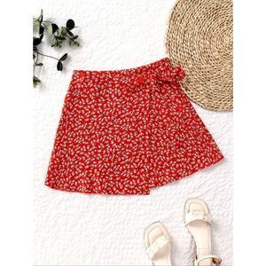 💥3/$12💥 Casual Playful Fit Red Tie-Waist Wrap Ditsy Skirt sz Large